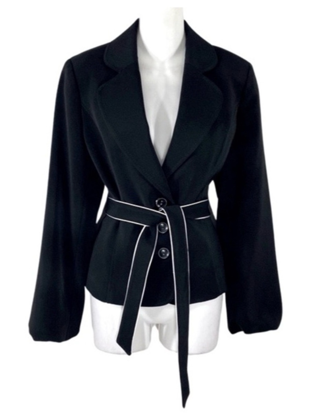 White House Black Market Black Blazer with White Piping Belted Waist